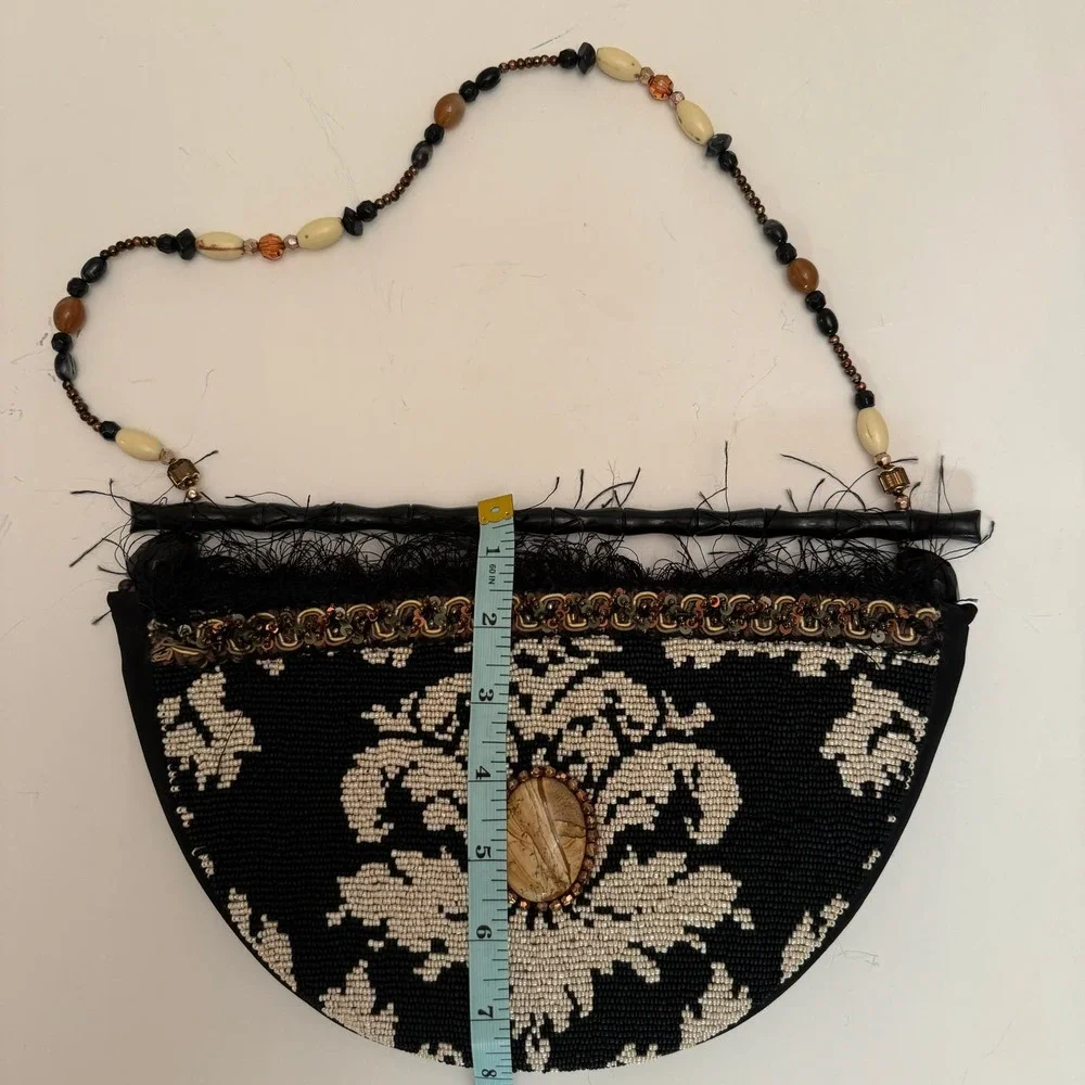 Mary Frances Fully Beaded Semi-Circle Clutch Bag Feather Trim Wood Handle - Picture 11 of 12